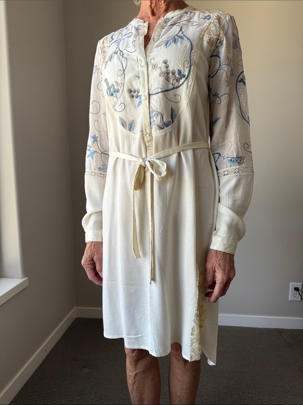 Ivory Floral Embroidered Tie-Waist Shirt Dress
